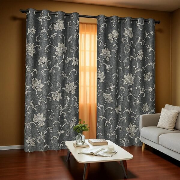 floral jacquard look curtains – dark grey, pack of 2