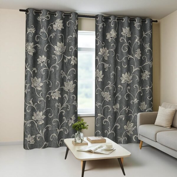 floral jacquard look curtains – dark grey, pack of 2