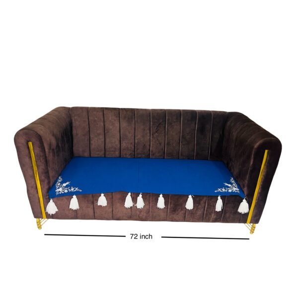 velvettouch royal sofa cover – 3 seater – rich blue with white tassels & embroidery