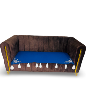 velvettouch royal sofa cover – 3 seater – rich blue with white tassels & embroidery