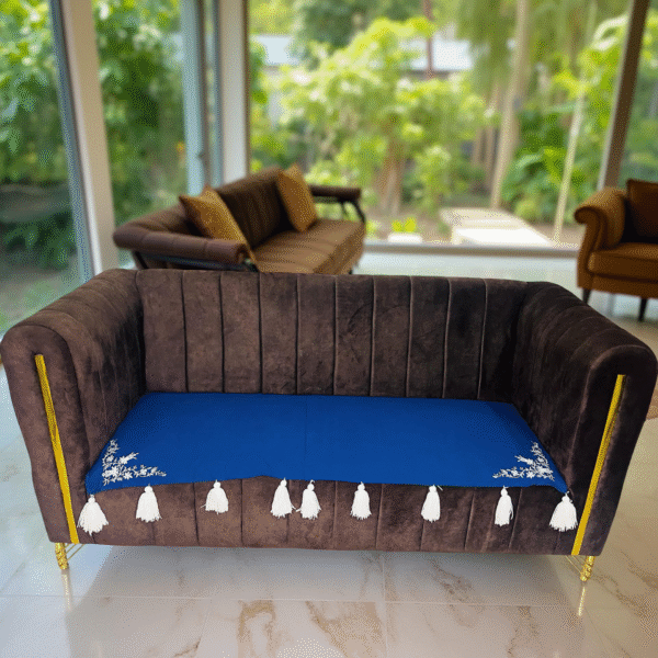 velvettouch royal sofa cover – 3 seater – rich blue with white tassels & embroidery