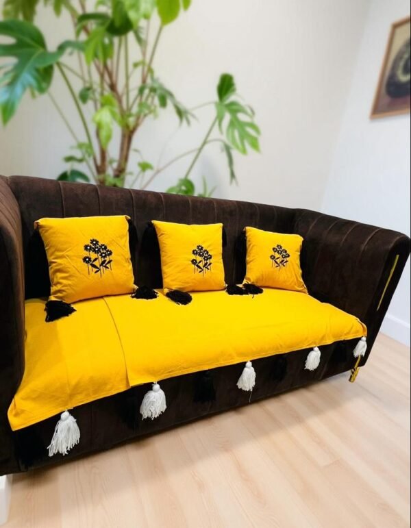 luxury tassel sofa cover set – mustard yellow (3 seater + 3 cushion covers)