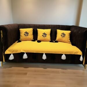 luxury tassel sofa cover set – mustard yellow (3 seater + 3 cushion covers)