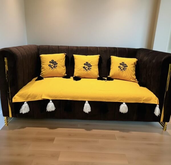 luxury tassel sofa cover set – mustard yellow (3 seater + 3 cushion covers)