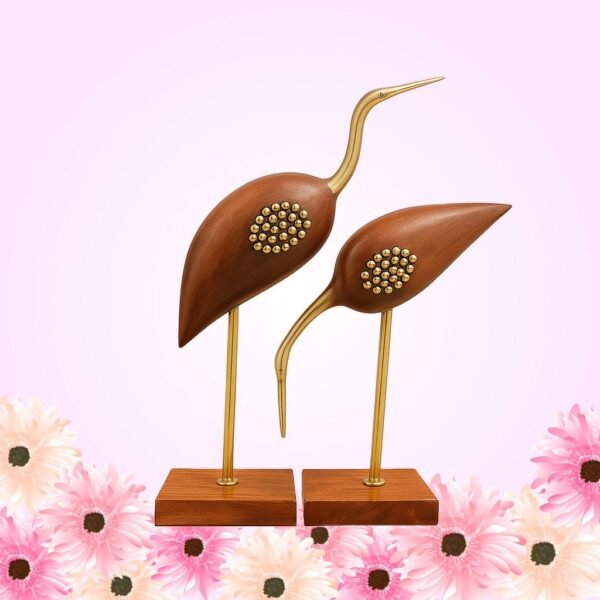 brass & wood crane pair showpiece