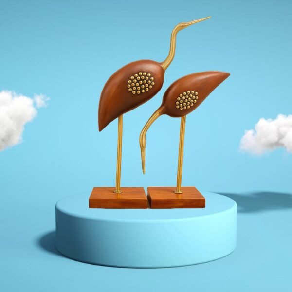 brass & wood crane pair showpiece