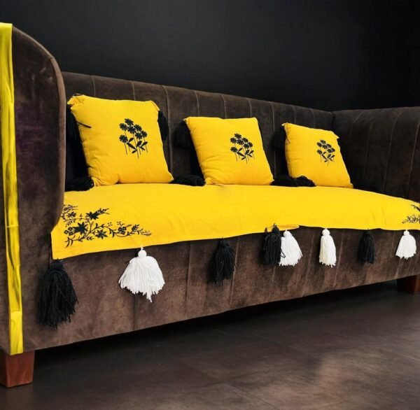 tasselglow sofa cover set – 3 seater + 3 cushion covers – yellow & black