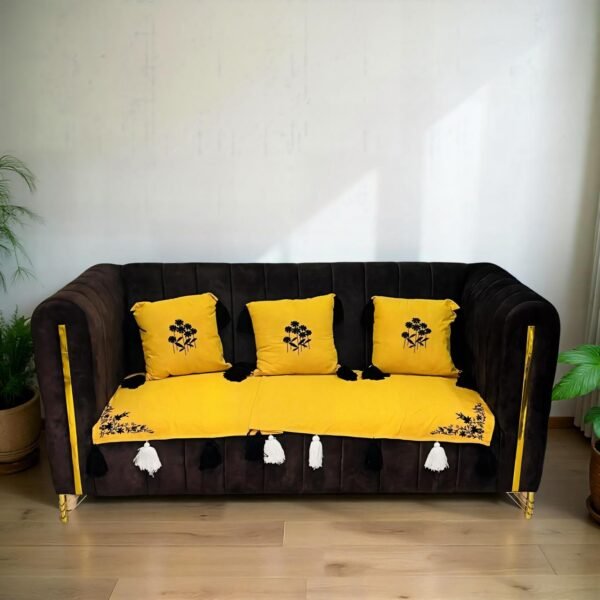 tasselglow sofa cover set – 3 seater + 3 cushion covers – yellow & black