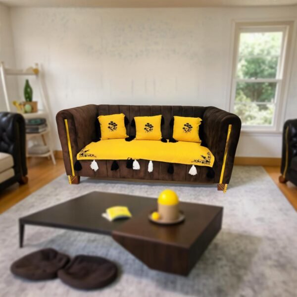 tasselglow sofa cover set – 3 seater + 3 cushion covers – yellow & black