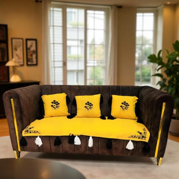 tasselglow sofa cover set – 3 seater + 3 cushion covers – yellow & black