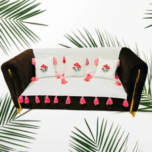 bloomtassel sofa cover set – white with pink tassels – 3 seater + cushion covers
