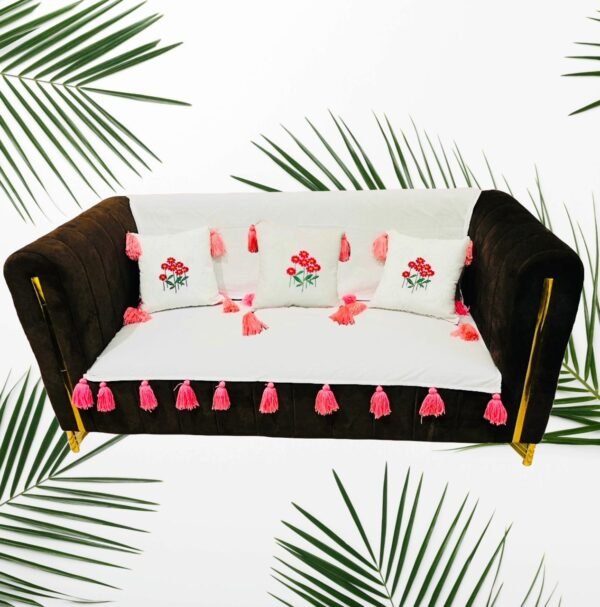 bloomtassel sofa cover set – white with pink tassels – 3 seater + cushion covers
