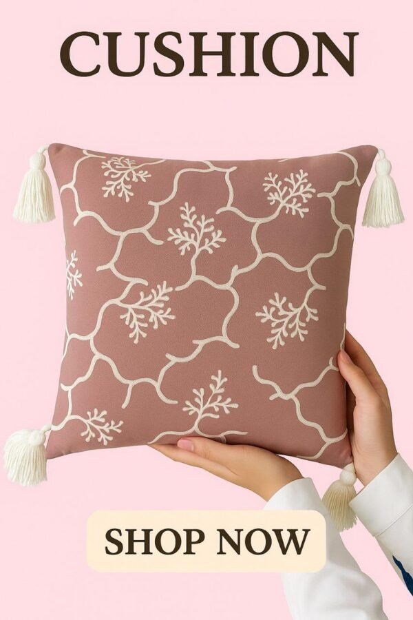 tasseltouch designer cushions – filled – brown base with white embroidery