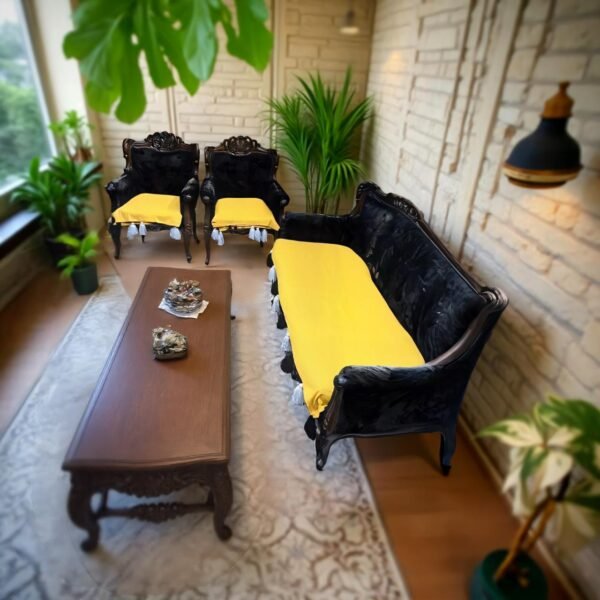 luxury velvet sofa cover set with tassel detailing – mustard yellow