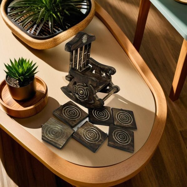 handcrafted wooden rocking chair coaster set (6 coasters + holder)