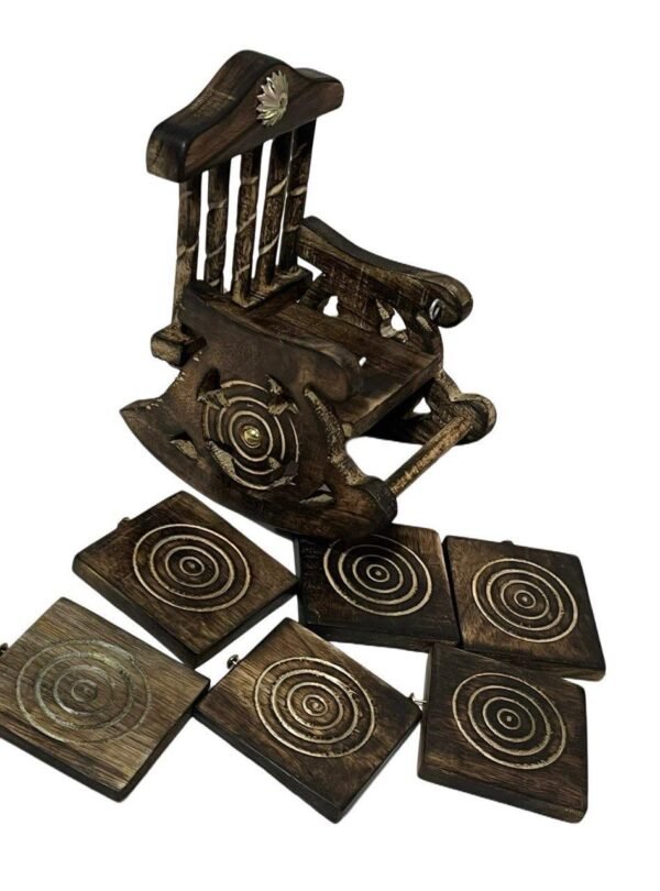 handcrafted wooden rocking chair coaster set (6 coasters + holder)