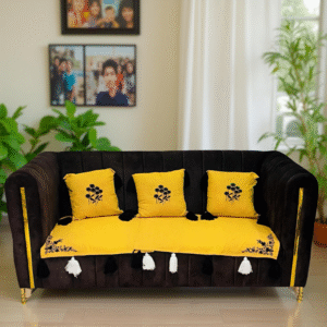 tasselglow sofa cover set – 3 seater + 3 cushion covers – yellow & black