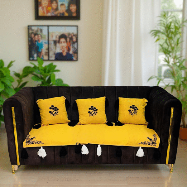 tasselglow sofa cover set – 3 seater + 3 cushion covers – yellow & black