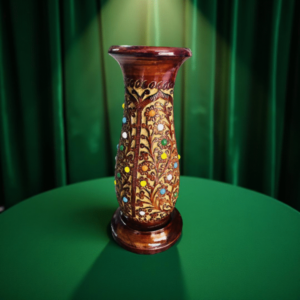 handcrafted wooden decorative vase with colorful inlay