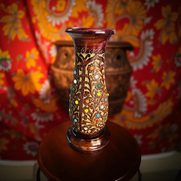 handcrafted wooden decorative vase with colorful inlay