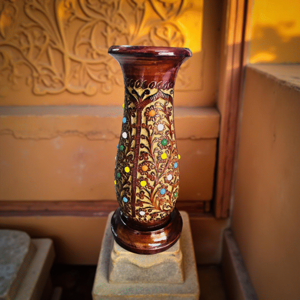 handcrafted wooden decorative vase with colorful inlay