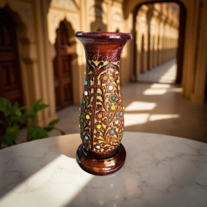 handcrafted wooden decorative vase with colorful inlay