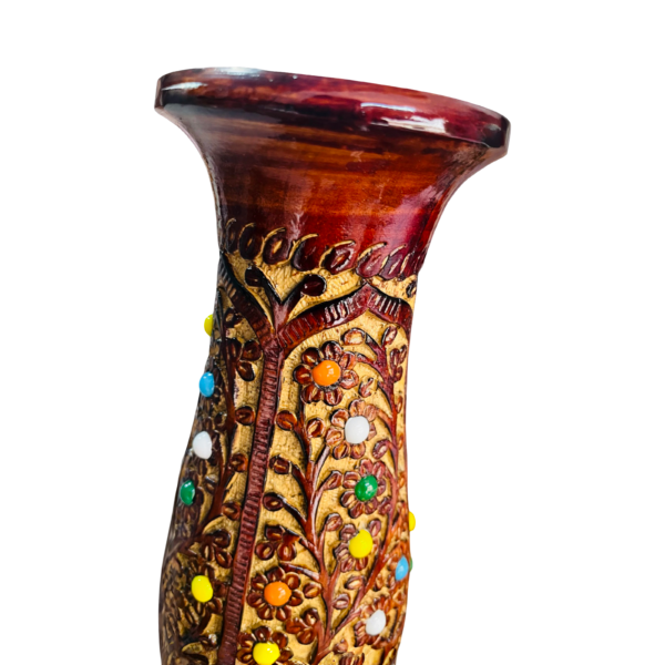 handcrafted wooden decorative vase with colorful inlay